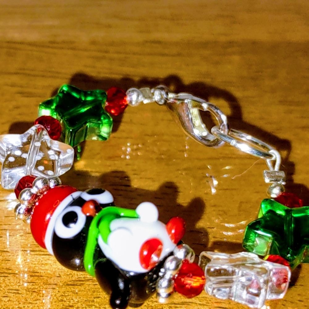 Festive Penguin Kids Bracelet - Green, Red, Silver